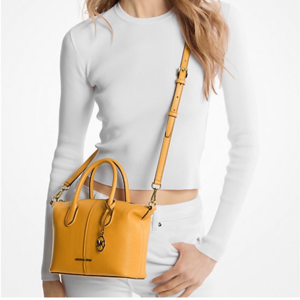 MICHAEL KORS Hyde Small Pebbled Leather Satchel Crossbody NWT Golden Rod - Picture 5 of 8